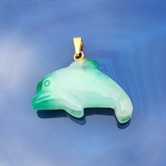Vintage Polished Jadeite Etched Dolphin Pendant Charm - Picture 1 of 10